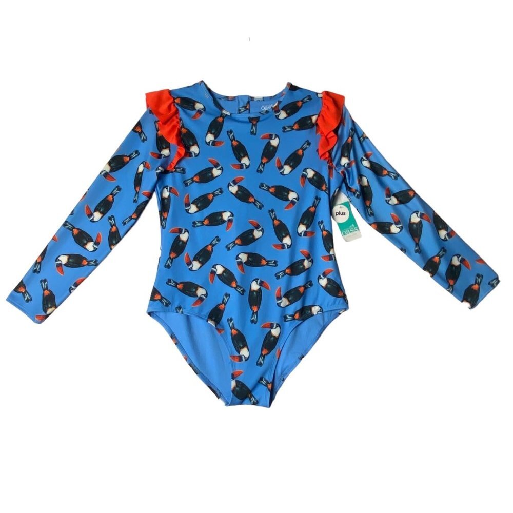 Oasis One Piece‎ Toucan Bird Bouquet Rashguard Girl Large Swimsuit Ruffles NWT